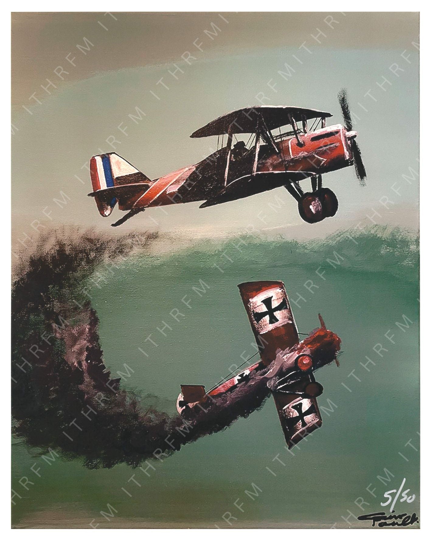 Two World War I biplanes in mid-air combat with smoke trails against a green sky.
