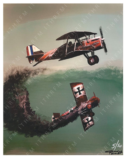 Two World War I biplanes in mid-air combat with smoke trails against a green sky.